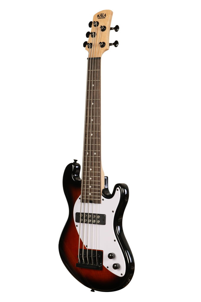 A Solid Body 5-String Sunburst Fretted U•BASS® shown at a left angle