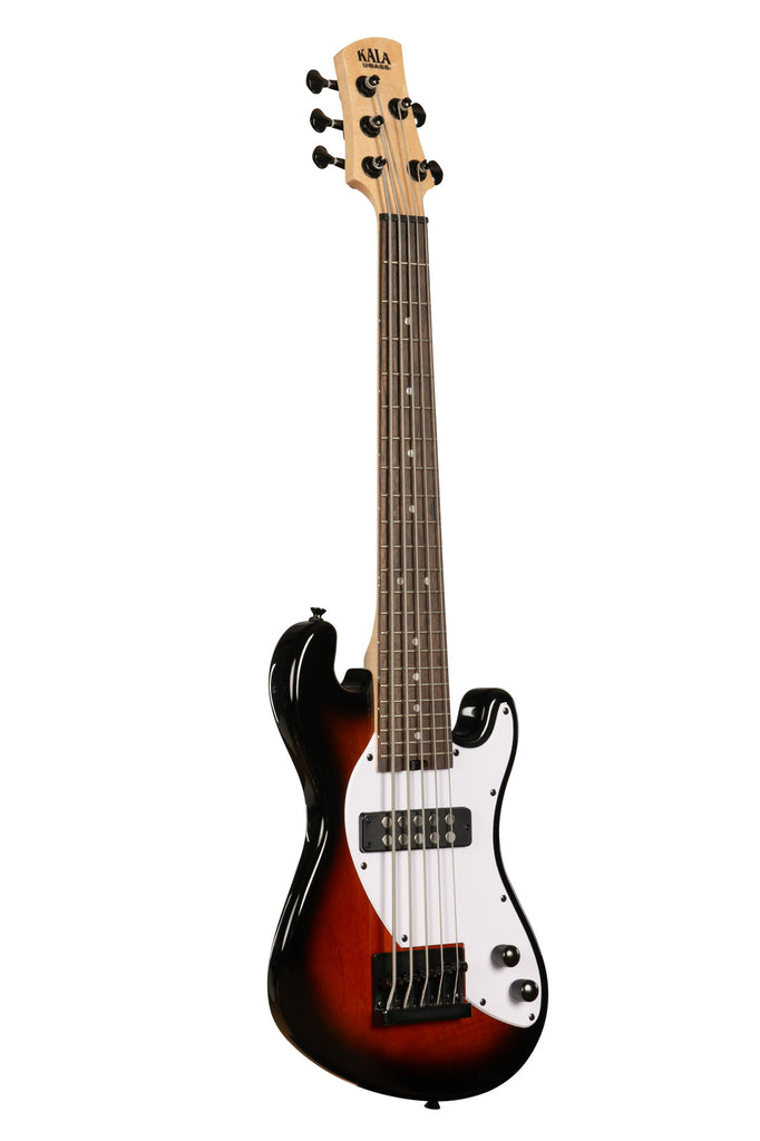 A Solid Body 5-String Sunburst Fretted U•BASS® shown at a right angle