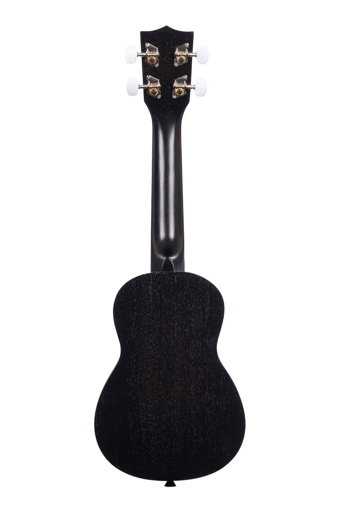 A Black Satin Mahogany Soprano Ukulele shown at a back angle