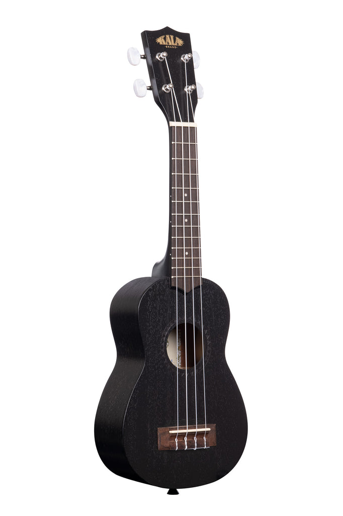 A Black Satin Mahogany Soprano Ukulele shown at a right angle