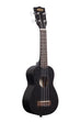 A Black Satin Mahogany Soprano Ukulele shown at a right angle