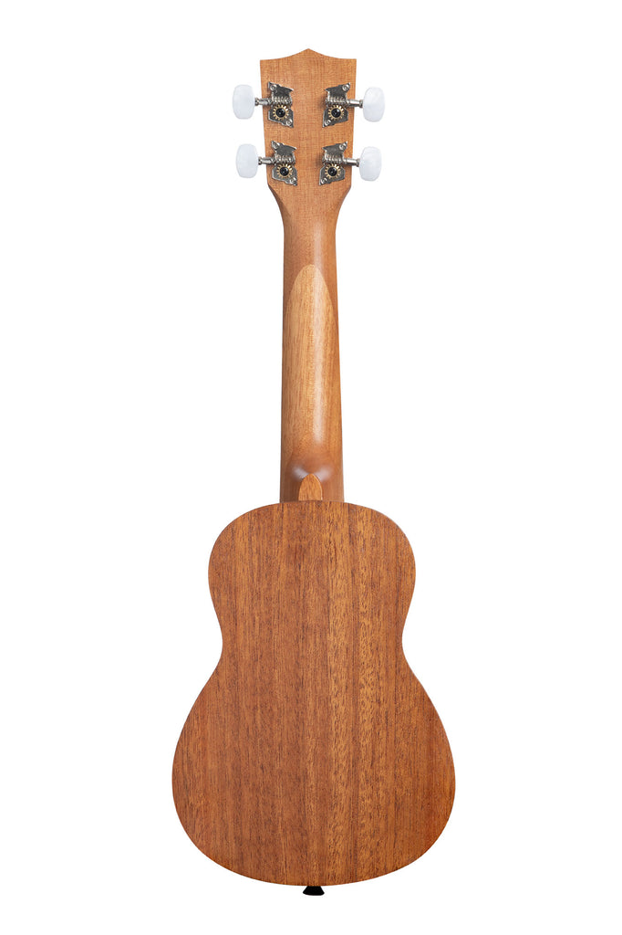 A Satin Mahogany Soprano Ukulele with Hawaiian Islands shown at a back angle