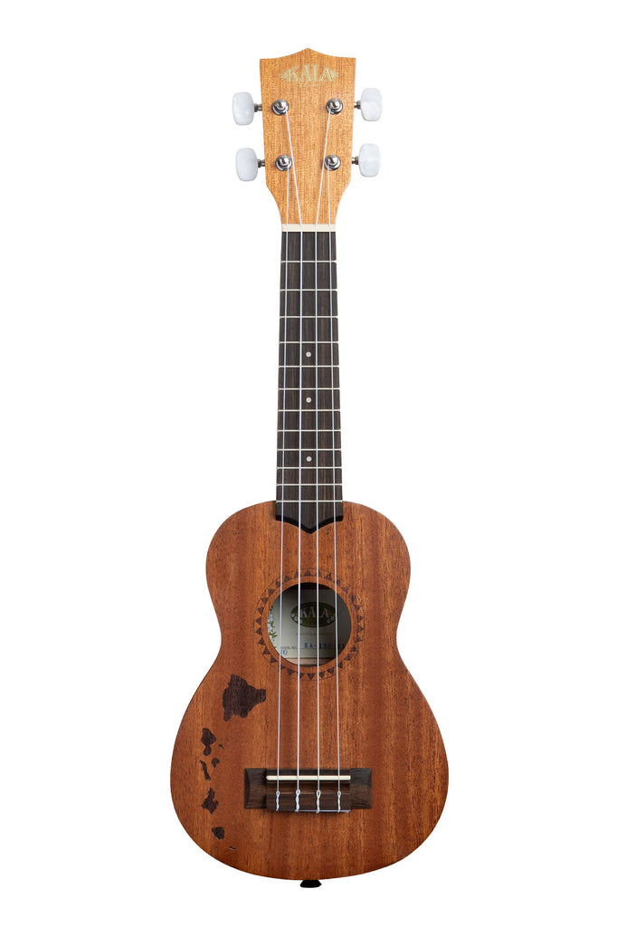 A Satin Mahogany Soprano Ukulele with Hawaiian Islands shown at a front angle