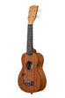 A Satin Mahogany Soprano Ukulele with Hawaiian Islands shown at a left angle