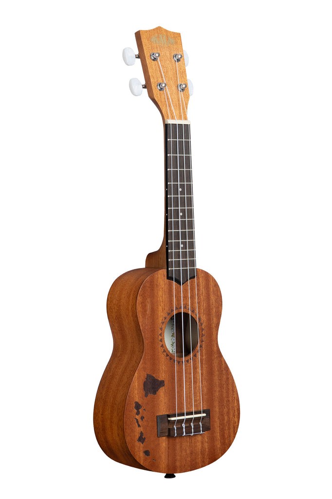 A Satin Mahogany Soprano Ukulele with Hawaiian Islands shown at a right angle