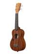 A Satin Mahogany Soprano Ukulele with Hawaiian Islands & Tattoo shown at a left angle