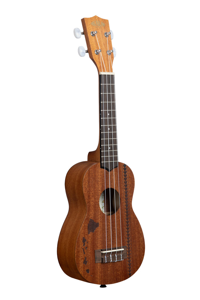 A Satin Mahogany Soprano Ukulele with Hawaiian Islands & Tattoo shown at a right angle