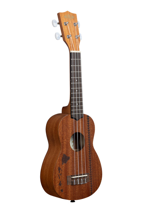 A Satin Mahogany Soprano Ukulele with Hawaiian Islands & Tattoo shown at a right angle
