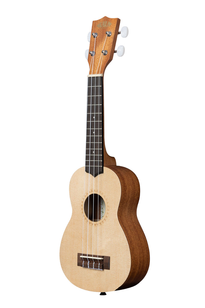 A Satin Spruce Top Mahogany Soprano Ukulele shown at a left angle