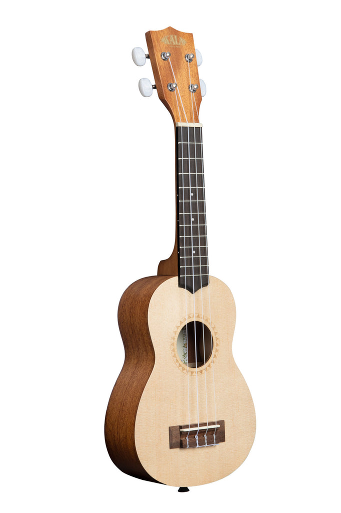 A Satin Spruce Top Mahogany Soprano Ukulele shown at a right angle