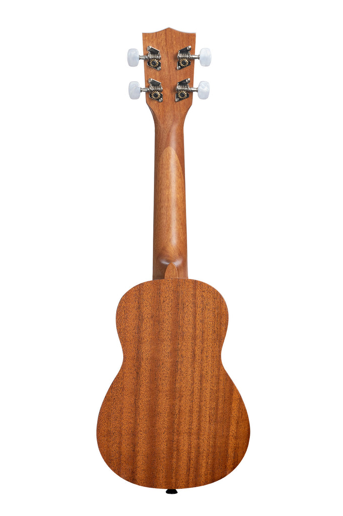 A KA-15S Satin Mahogany Soprano Ukulele shown at a back angle