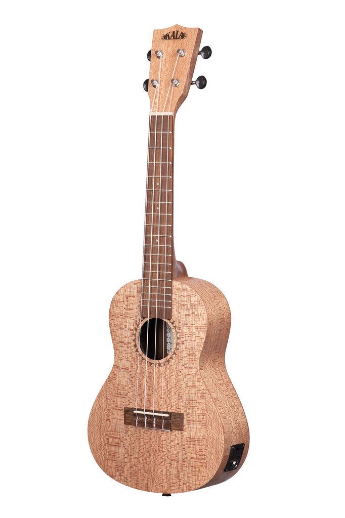 A Burled Meranti Concert Ukulele w/ EQ shown at a left angle