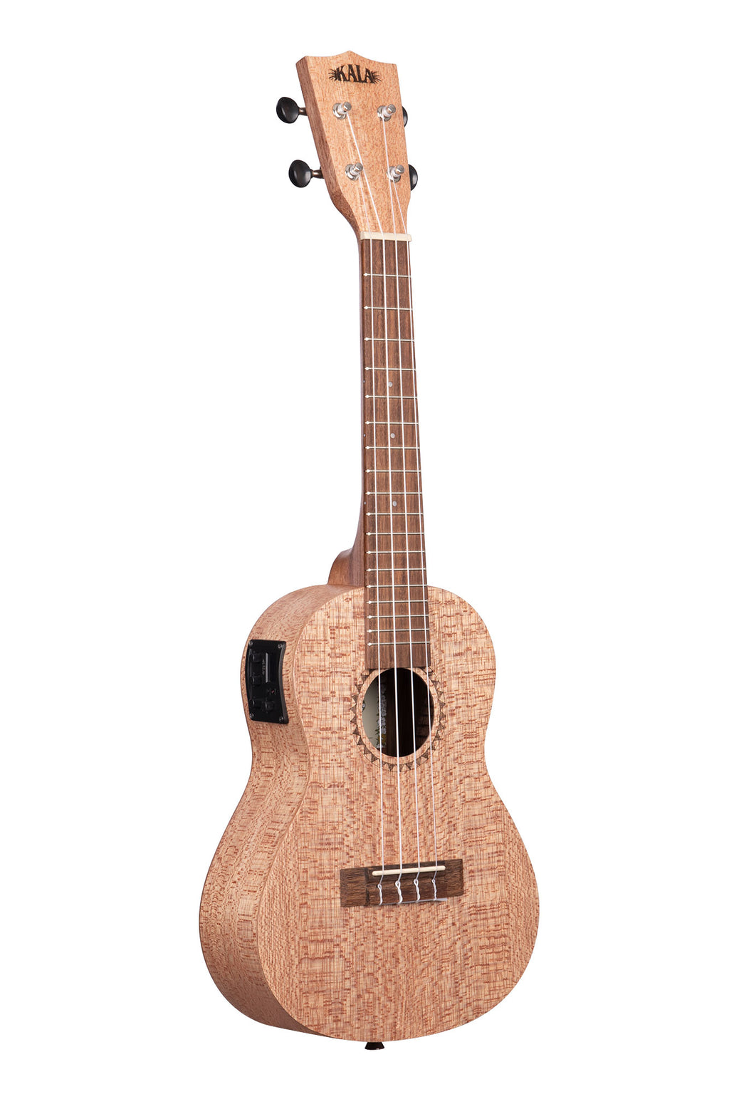 A Burled Meranti Concert Ukulele w/ EQ shown at a right angle