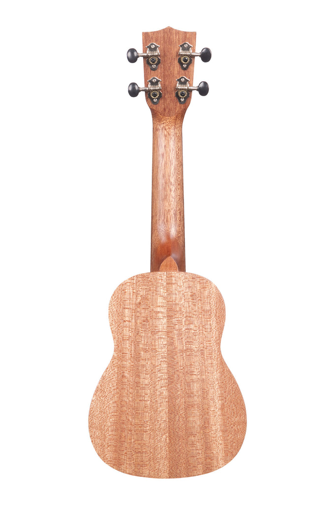 A KA-20S Burled Meranti Soprano Ukulele shown at a back angle