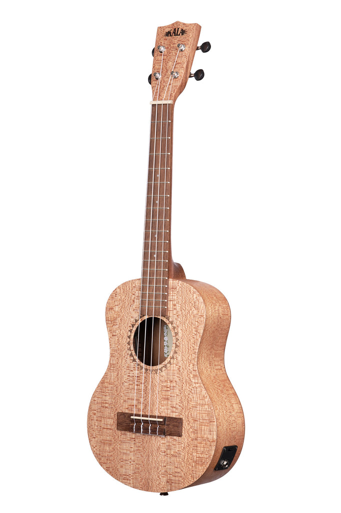 A Burled Meranti Tenor Ukulele w/ EQ shown at a left angle