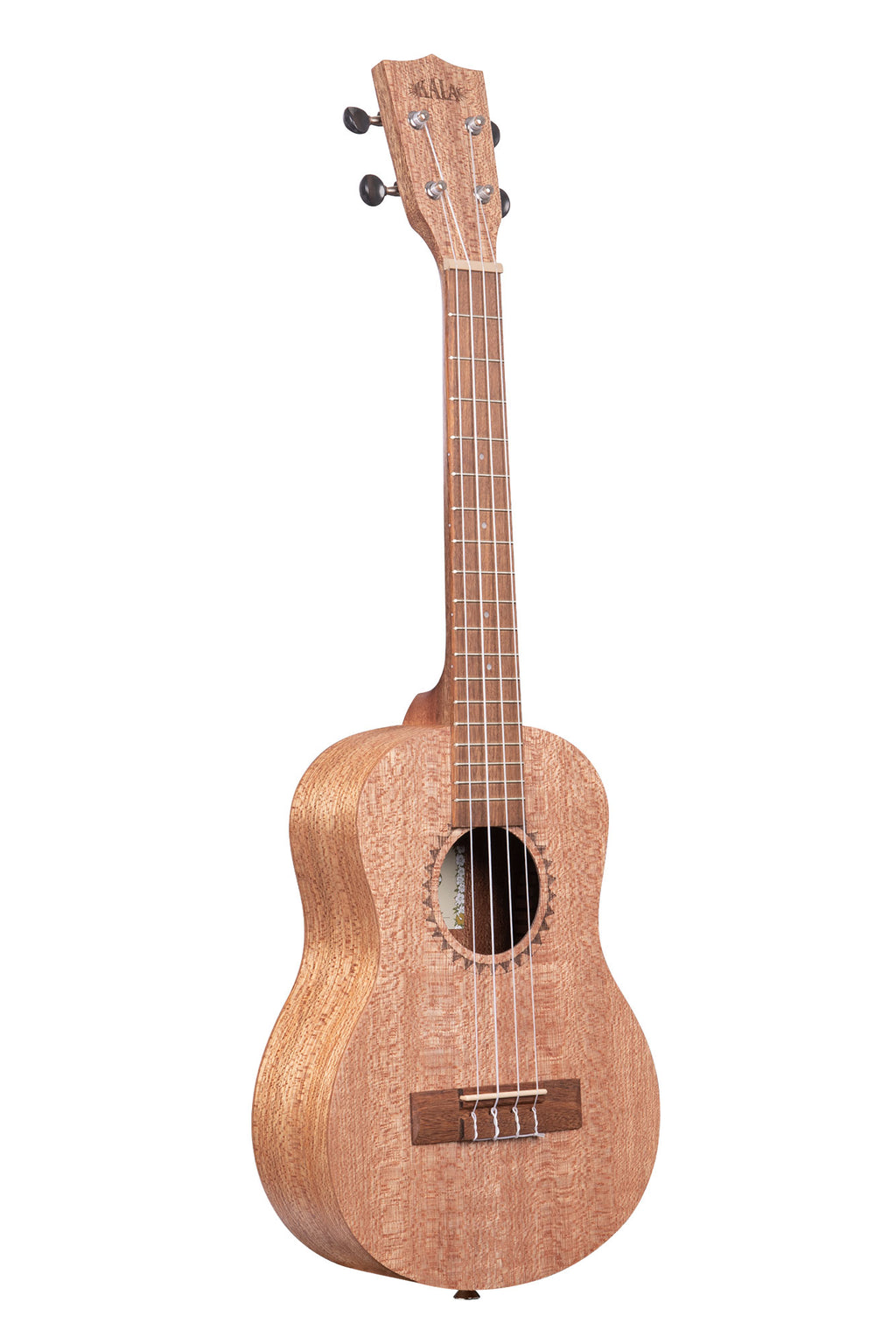 A KA-20T Burled Meranti Tenor Ukulele shown at a right angle