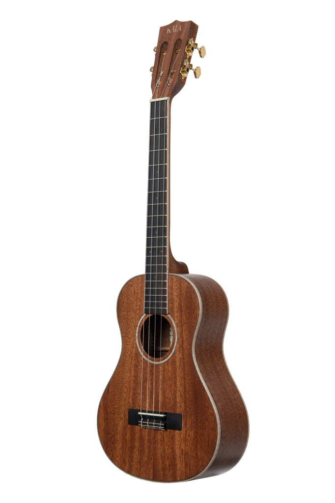 A All Solid Mahogany Tenor XL Ukulele shown at a left angle