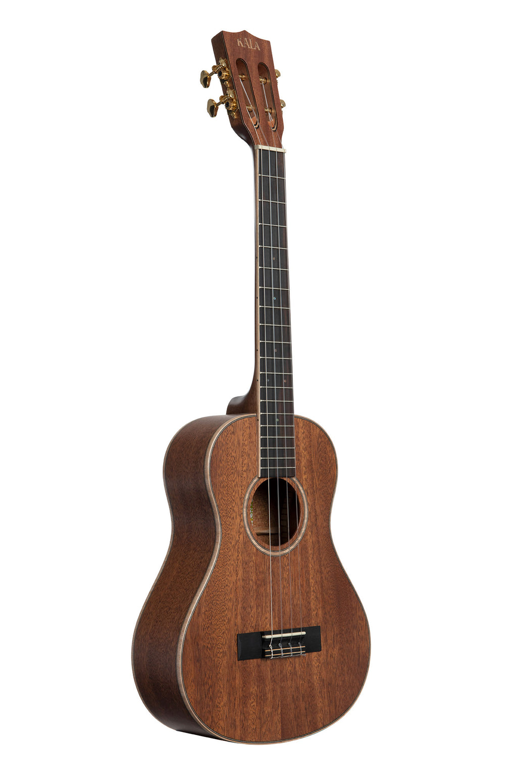 A All Solid Mahogany Tenor XL Ukulele shown at a right angle