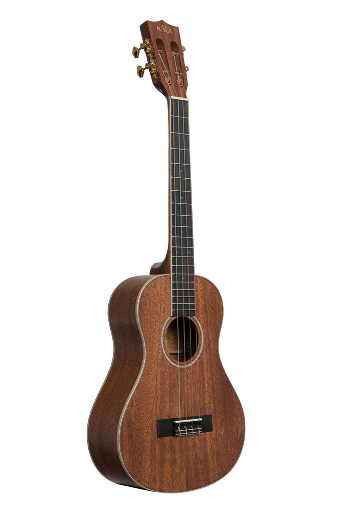 A All Solid Mahogany Tenor XL Ukulele shown at a right angle