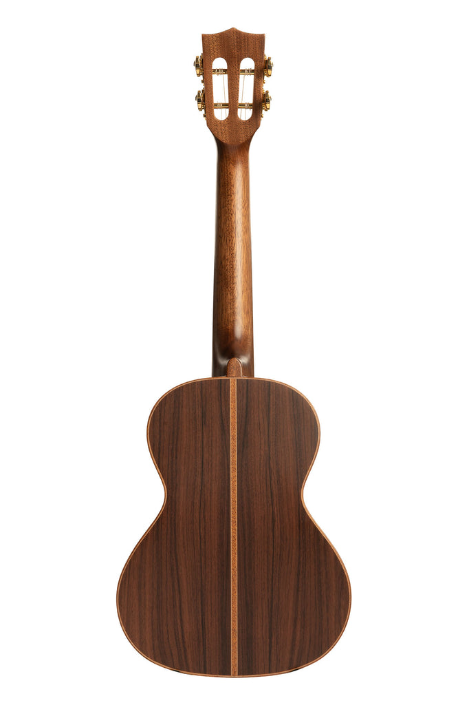 A All Solid Cedar Top Pau Ferro Tenor Ukulele shown at a back angle