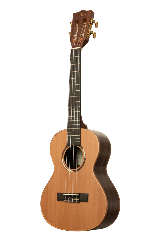 A All Solid Cedar Top Pau Ferro Tenor Ukulele shown at a left angle