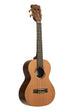 A All Solid Cedar Top Pau Ferro Tenor Ukulele shown at a right angle