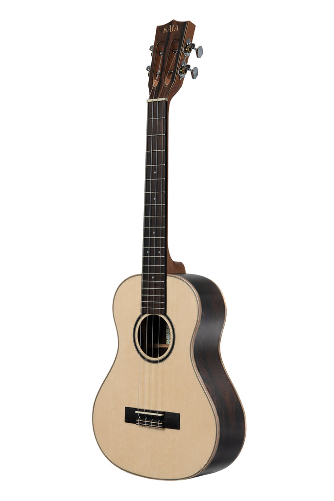 A All Solid Spruce Top Ziricote Tenor XL Ukulele shown at a left angle