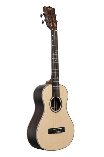 A All Solid Spruce Top Ziricote Tenor XL Ukulele shown at a right angle