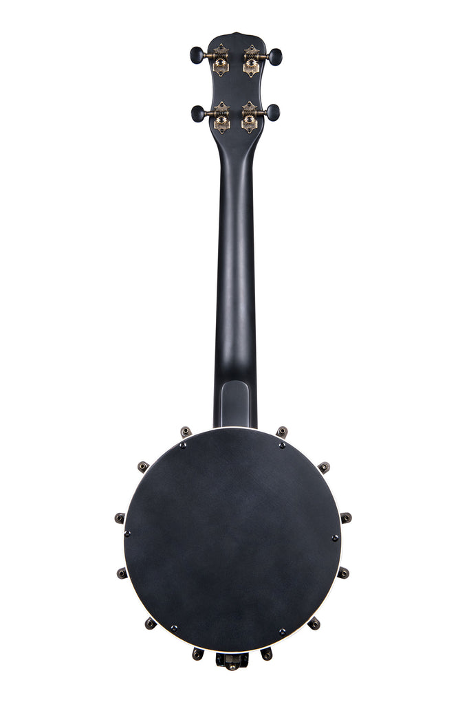 A Black Maple Banjo Concert Ukulele with Bag shown at a back angle