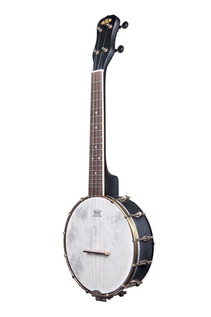 A Black Maple Banjo Concert Ukulele with Bag shown at a left angle