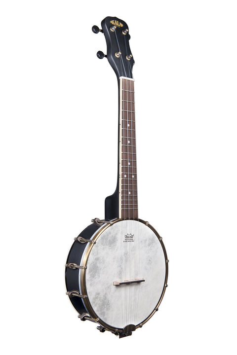 A Black Maple Banjo Concert Ukulele with Bag shown at a right angle