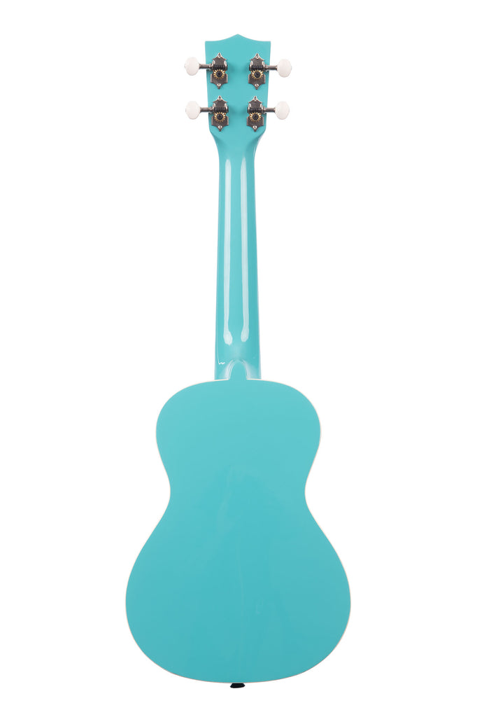 A Cotton Candy Blue Concert Ukulele shown at a back angle