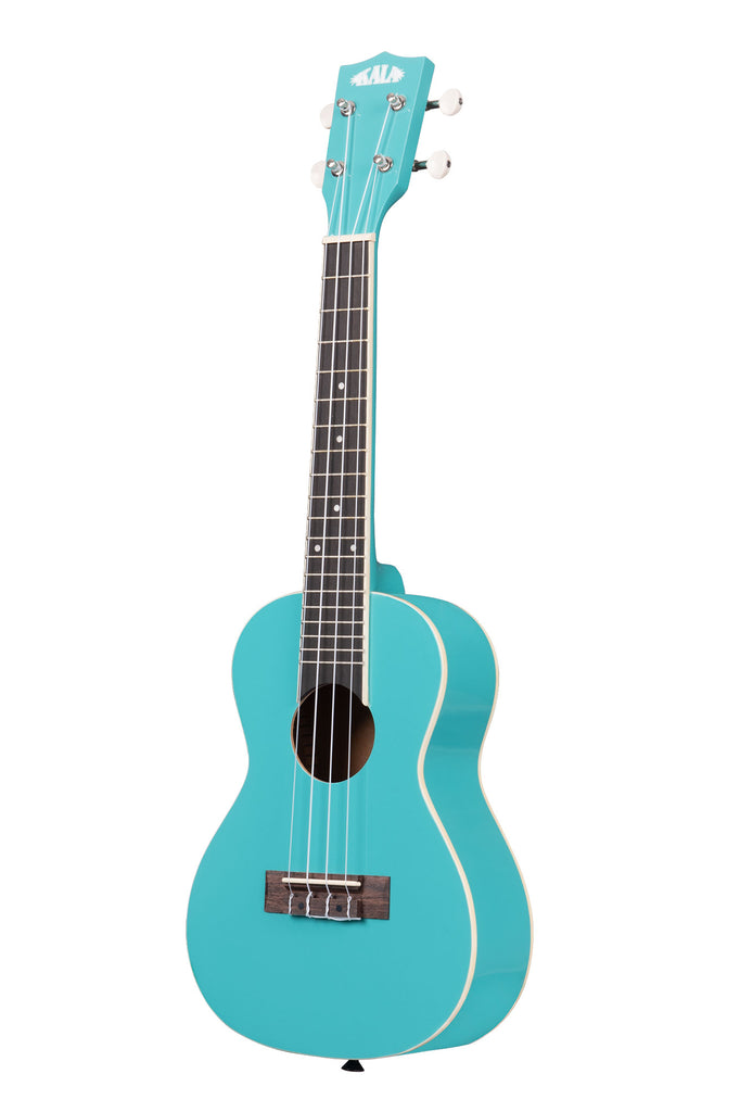 A Cotton Candy Blue Concert Ukulele shown at a left angle