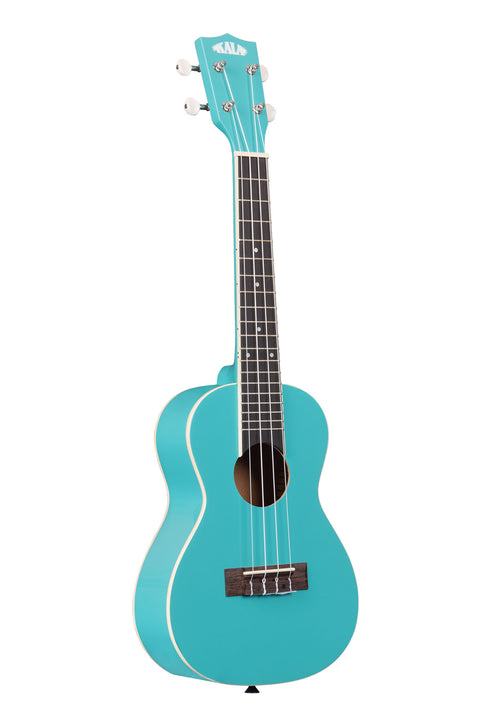 A Cotton Candy Blue Concert Ukulele shown at a right angle