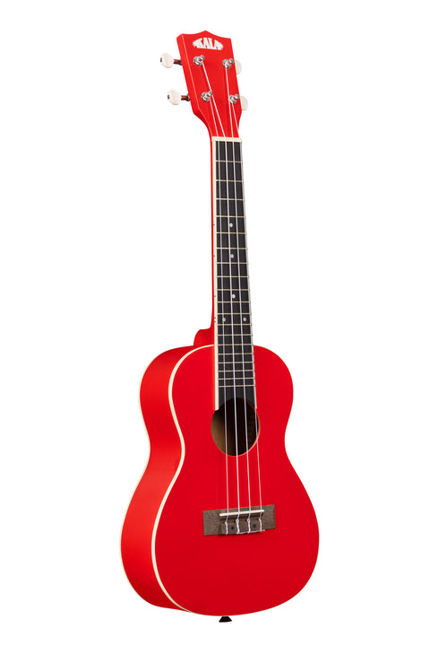 A Candy Apple Red Concert Ukulele shown at a right angle