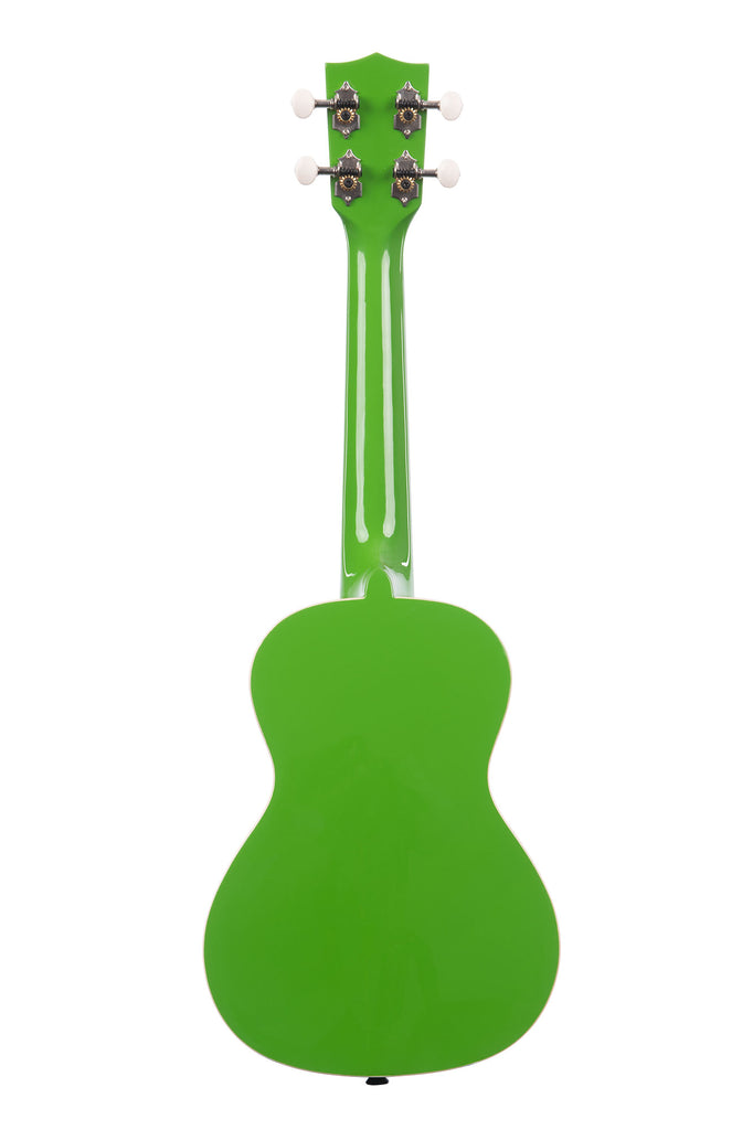 A Key Lime Concert Ukulele shown at a back angle