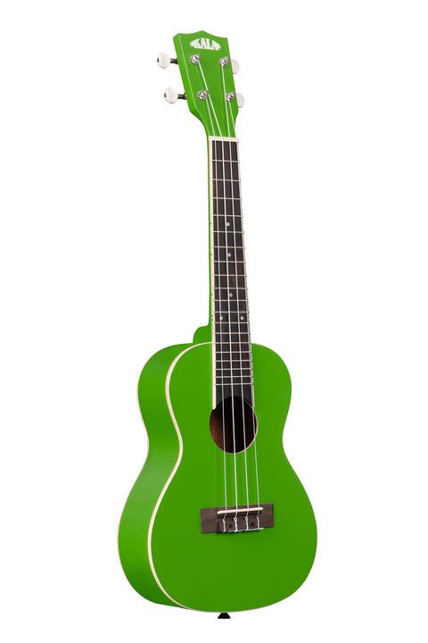 A Key Lime Concert Ukulele shown at a right angle