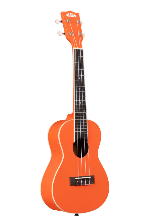 A So Orange Concert Ukulele shown at a right angle