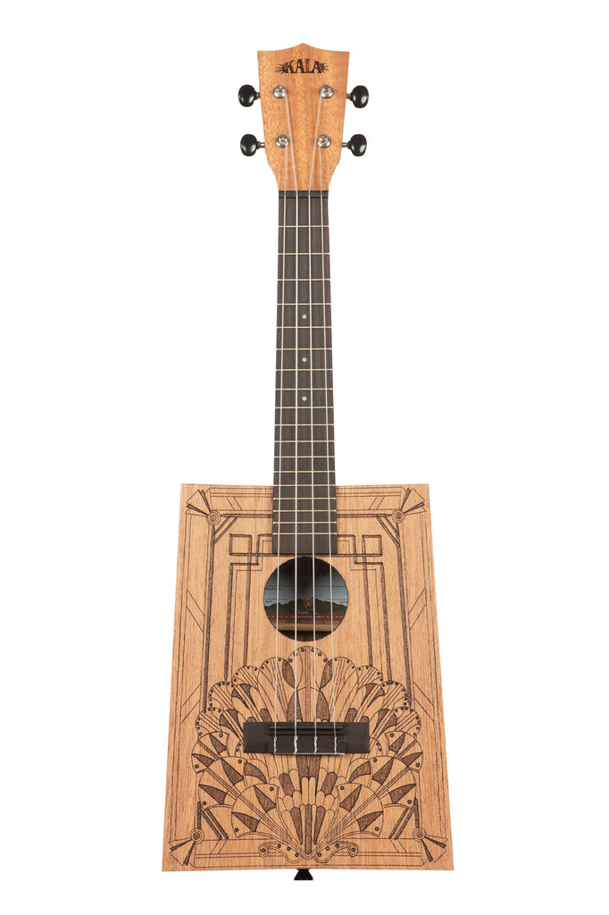A Art Deco Cigar Box Concert Ukulele shown at a front angle