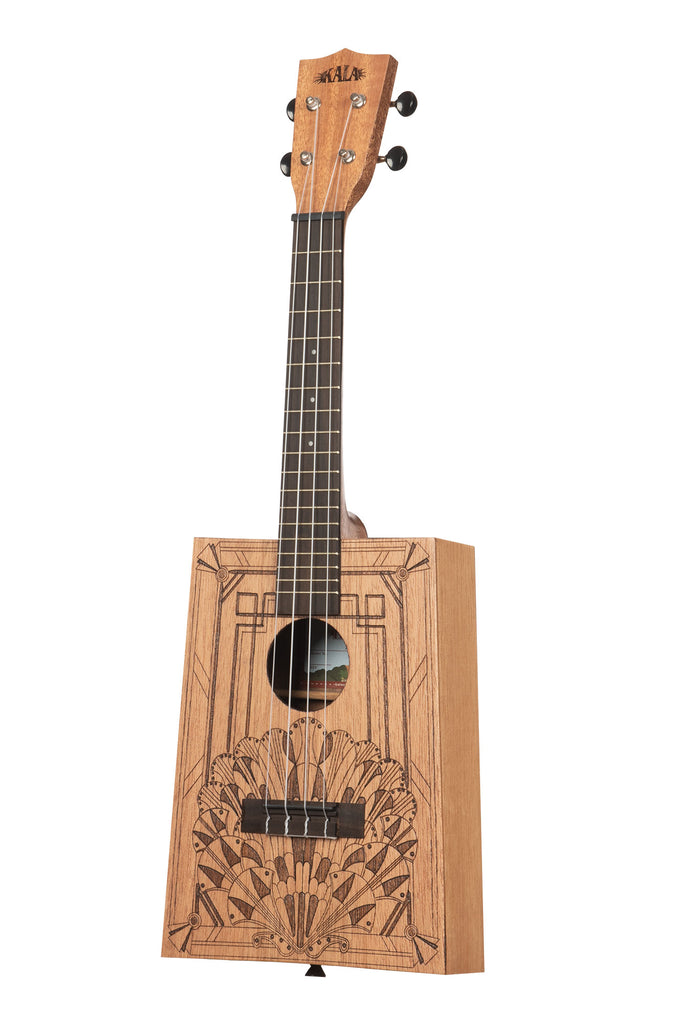 A Art Deco Cigar Box Concert Ukulele shown at a left angle