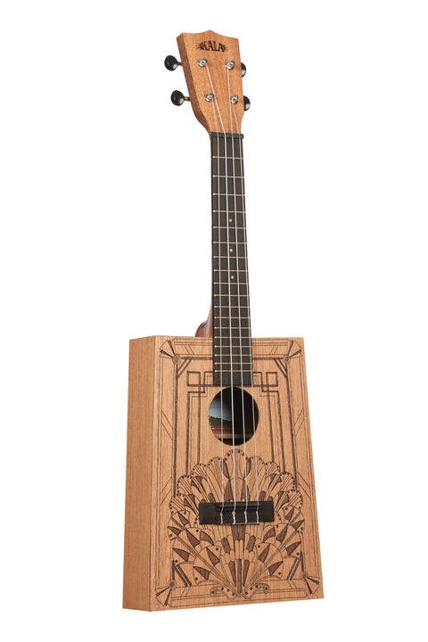A Art Deco Cigar Box Concert Ukulele shown at a right angle