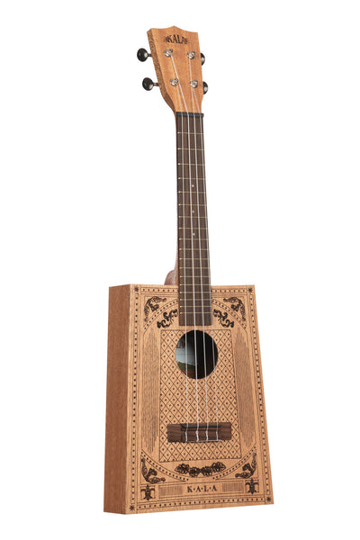 A Victorian Cigar Box Concert Ukulele shown at a right angle