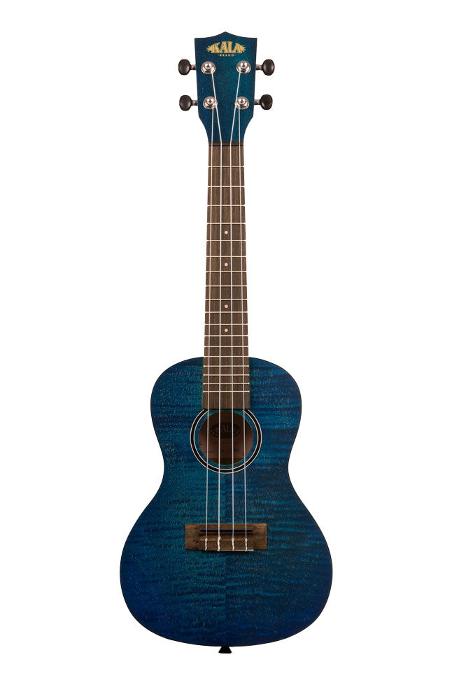 A Blue Exotic Mahogany Concert Ukulele shown at a front angle