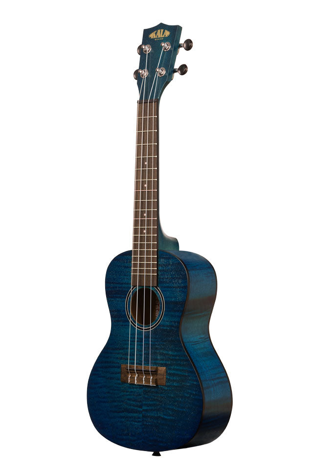 A Blue Exotic Mahogany Concert Ukulele shown at a left angle