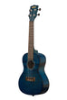 A Blue Exotic Mahogany Concert Ukulele shown at a left angle