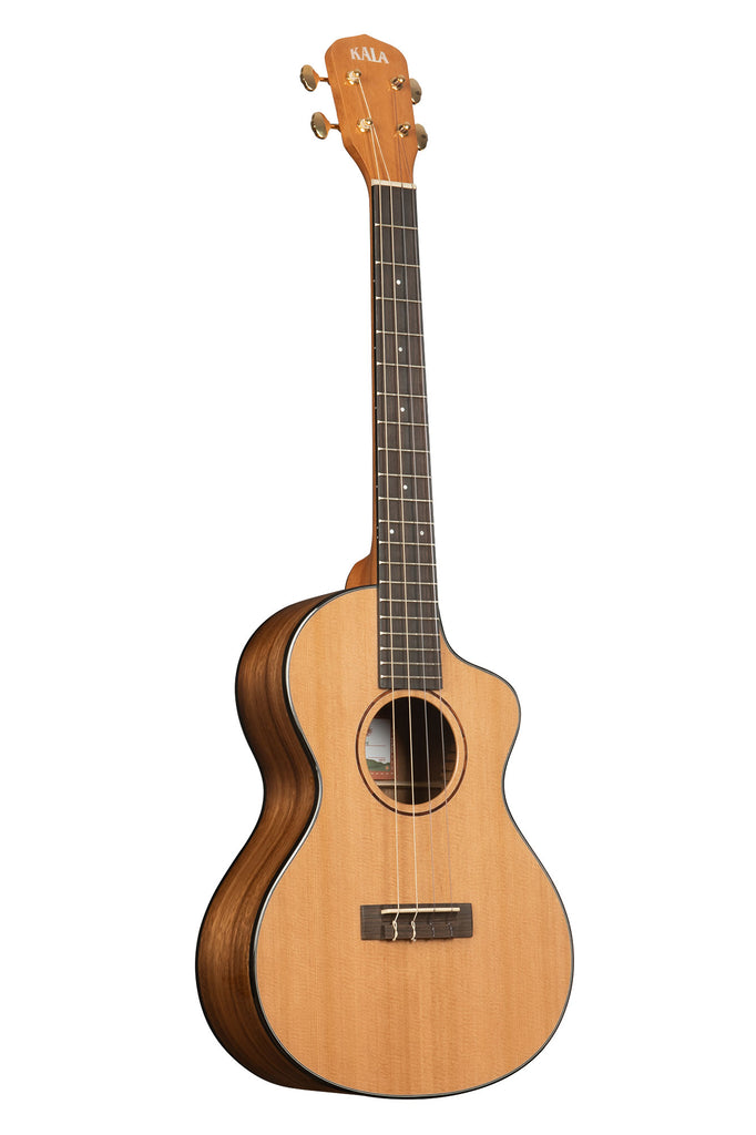 A All Solid Cedar Top Trembesi Metropolitan™ Baritone Cutaway shown at a right angle