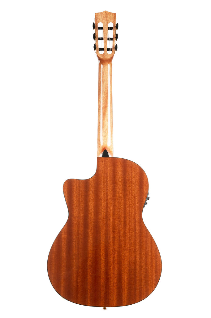 A Solid Mahogany Thinline Nylon Guitar shown at a back angle