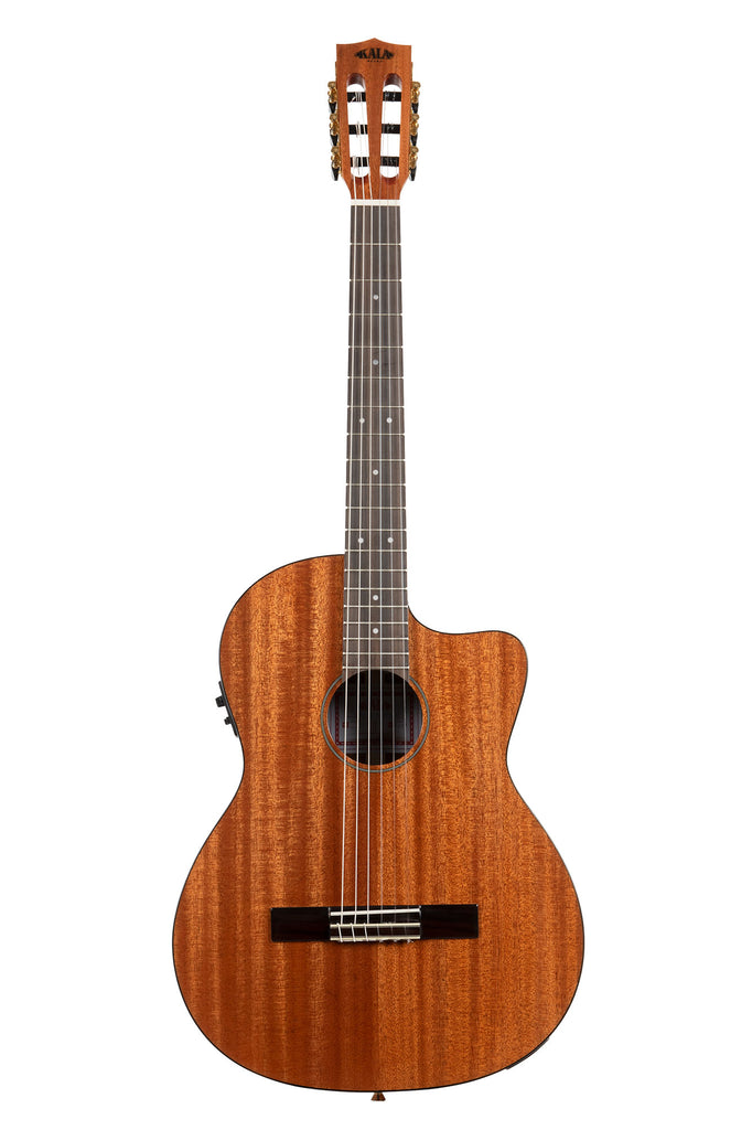 A Solid Mahogany Thinline Nylon Guitar shown at a front angle