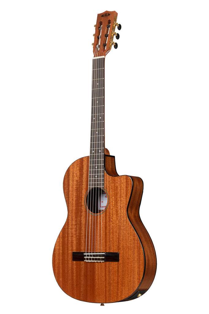 A Solid Mahogany Thinline Nylon Guitar shown at a left angle
