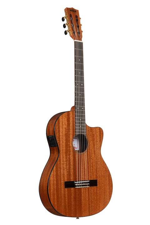 A Solid Mahogany Thinline Nylon Guitar shown at a right angle